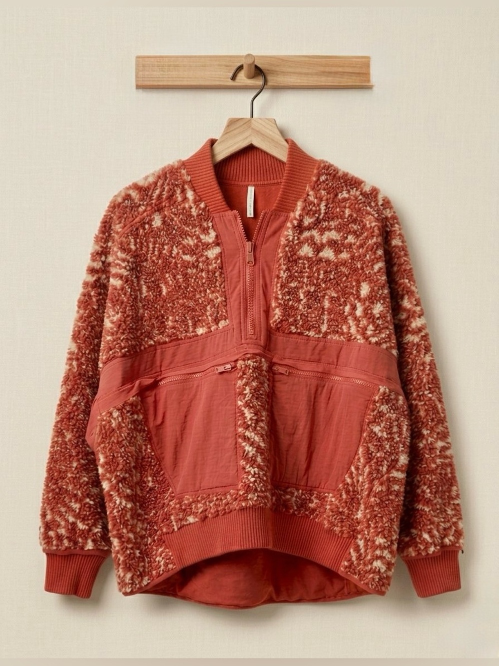 RARE Free People Off The Wall Pullover in red sherpa Jacket Coat Womens Size XS